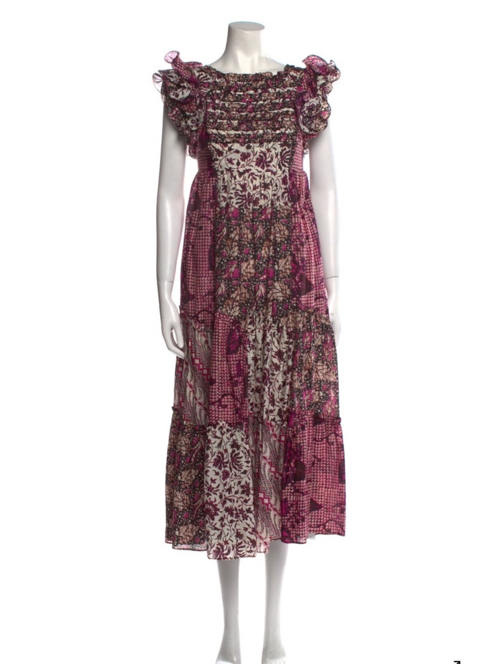 Ulla Johnson Sleeveless Ruffled Midi Dress in Pink Patchwork